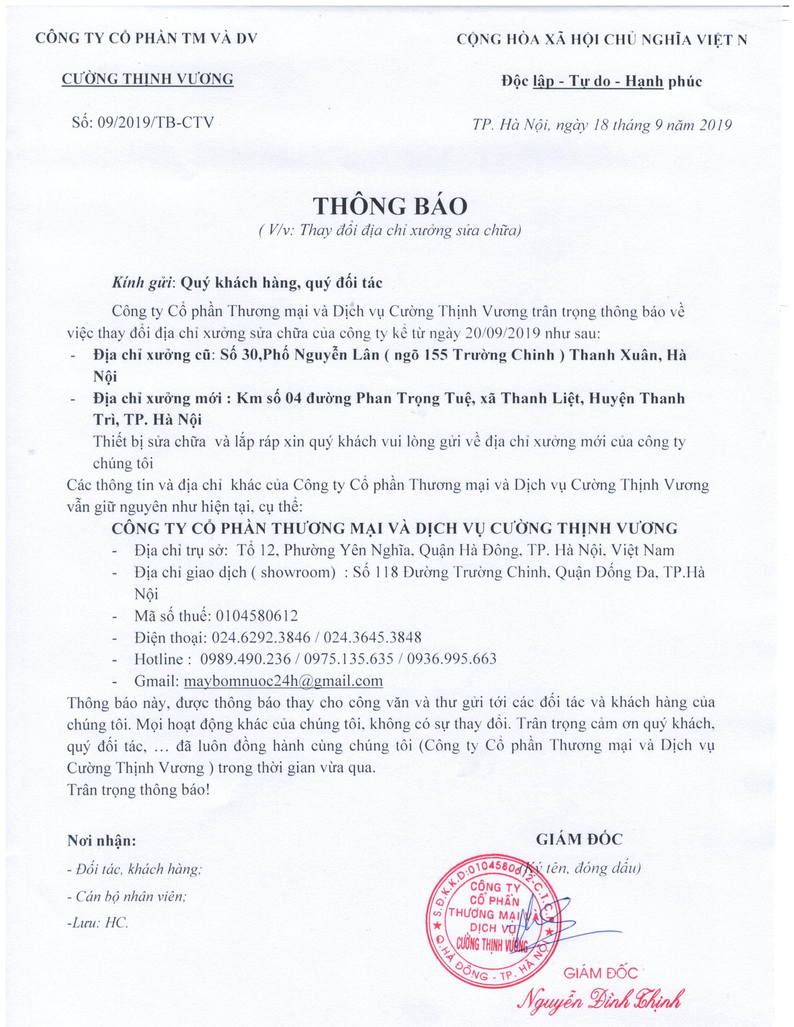 Cường Thịnh Vương  Thông Báo Thay Đổi Địa Chỉ Xưởng Sửa Chữa